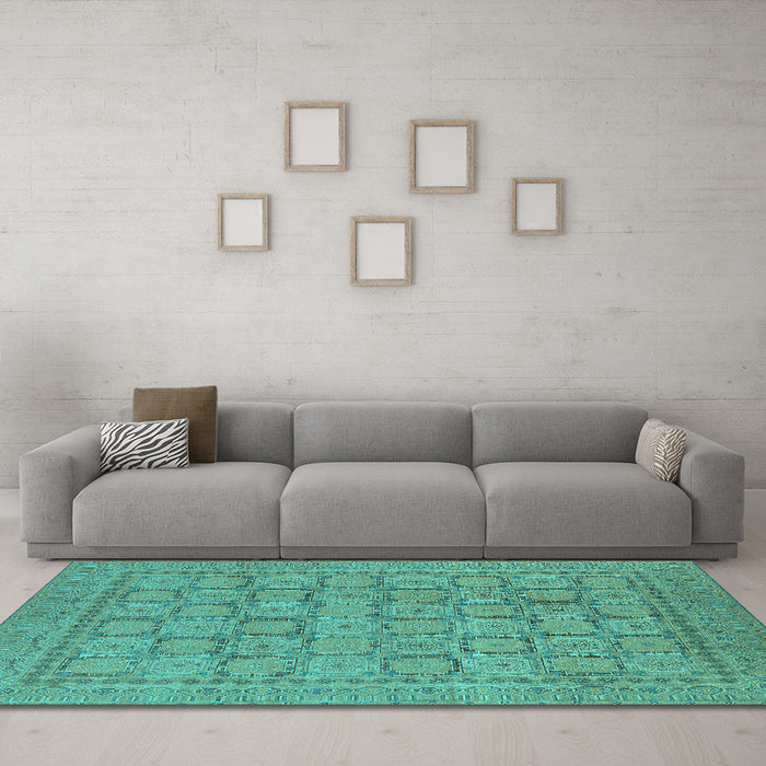 Machine Washable Oriental Turquoise Industrial Area Rugs in a Living Room,, wshurb1349turq