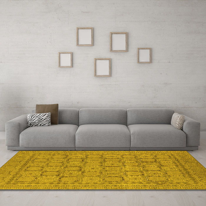 Machine Washable Oriental Yellow Industrial Rug in a Living Room, wshurb1349yw