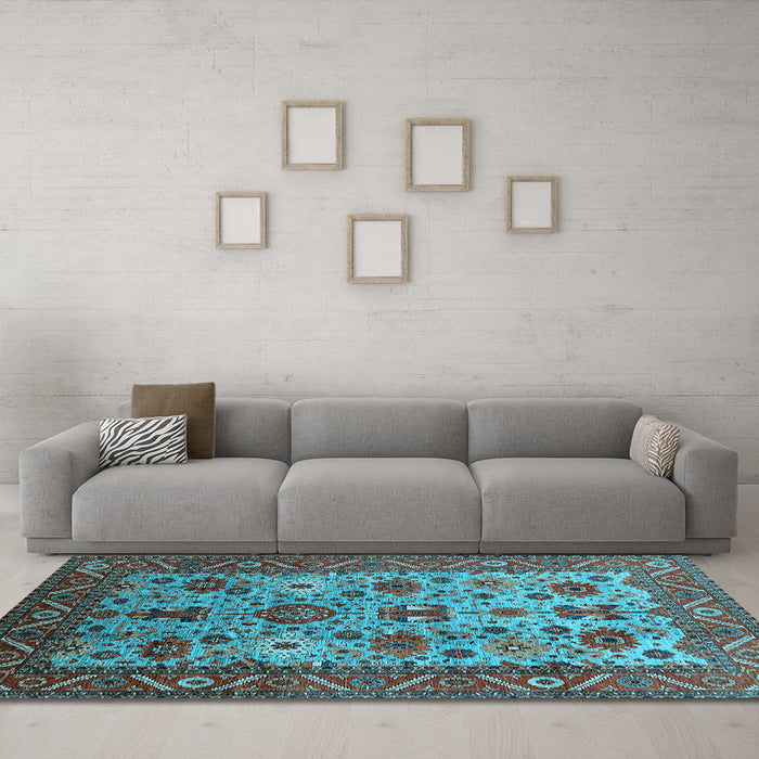 Machine Washable Oriental Light Blue Industrial Rug in a Living Room, wshurb1350lblu
