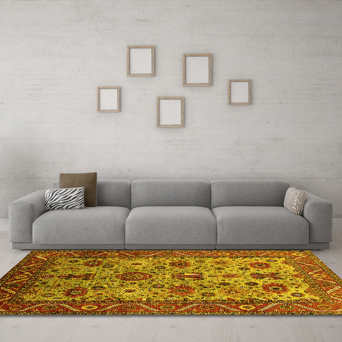 Machine Washable Oriental Yellow Industrial Rug in a Living Room, wshurb1350yw