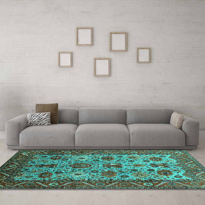 Machine Washable Oriental Turquoise Industrial Area Rugs in a Living Room,, wshurb1350turq