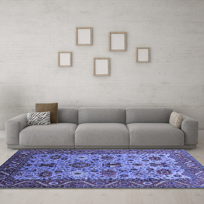 Machine Washable Oriental Blue Industrial Rug in a Living Room, wshurb1350blu