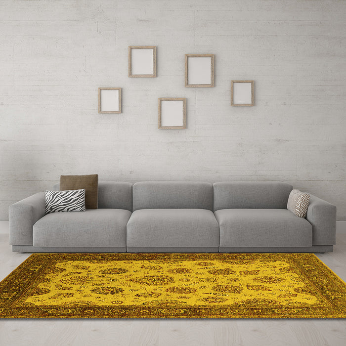 Machine Washable Oriental Yellow Traditional Rug in a Living Room, wshurb1351yw