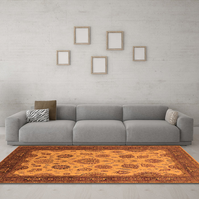 Machine Washable Oriental Orange Traditional Area Rugs in a Living Room, wshurb1351org