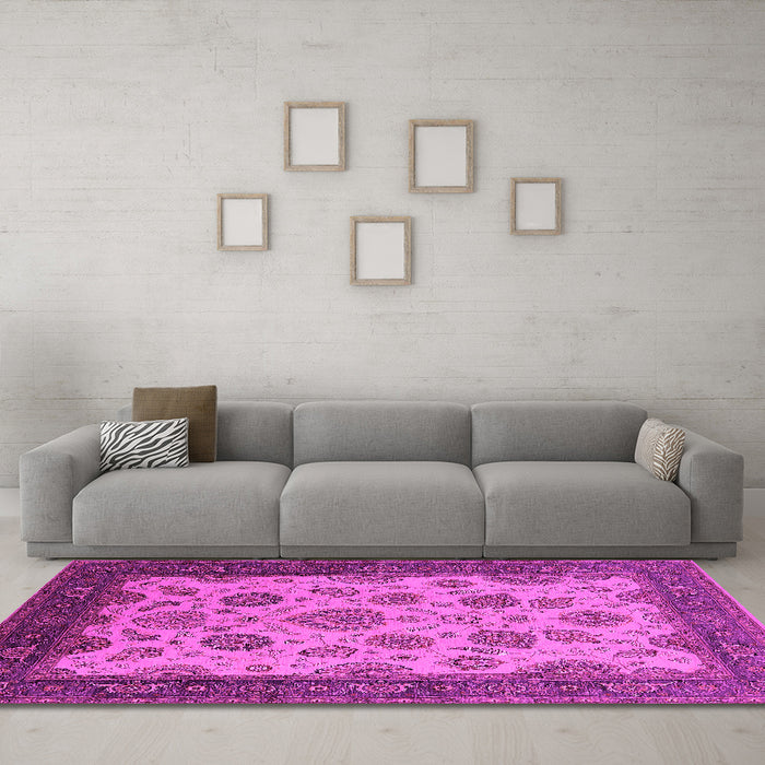 Machine Washable Oriental Pink Traditional Rug in a Living Room, wshurb1351pnk