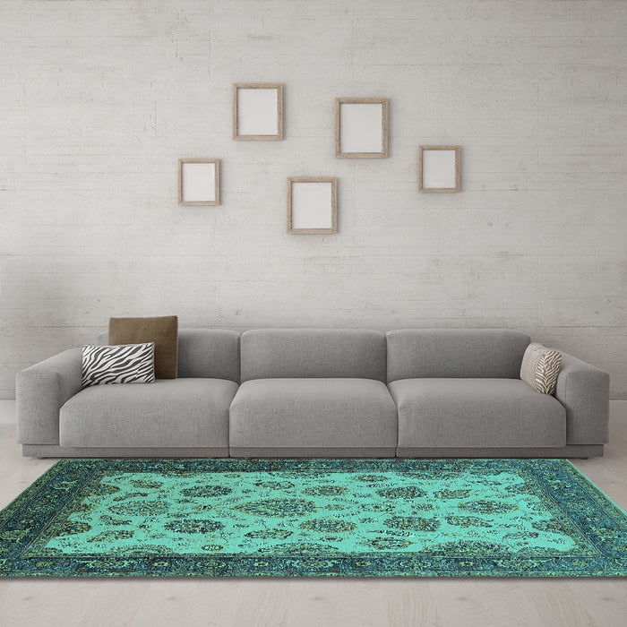 Machine Washable Oriental Turquoise Traditional Area Rugs in a Living Room,, wshurb1351turq