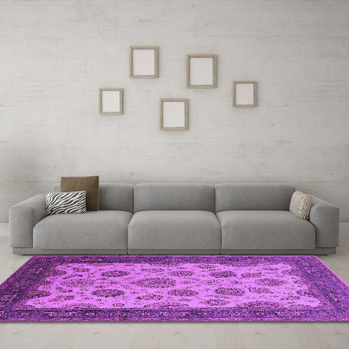 Machine Washable Oriental Purple Traditional Area Rugs in a Living Room, wshurb1351pur