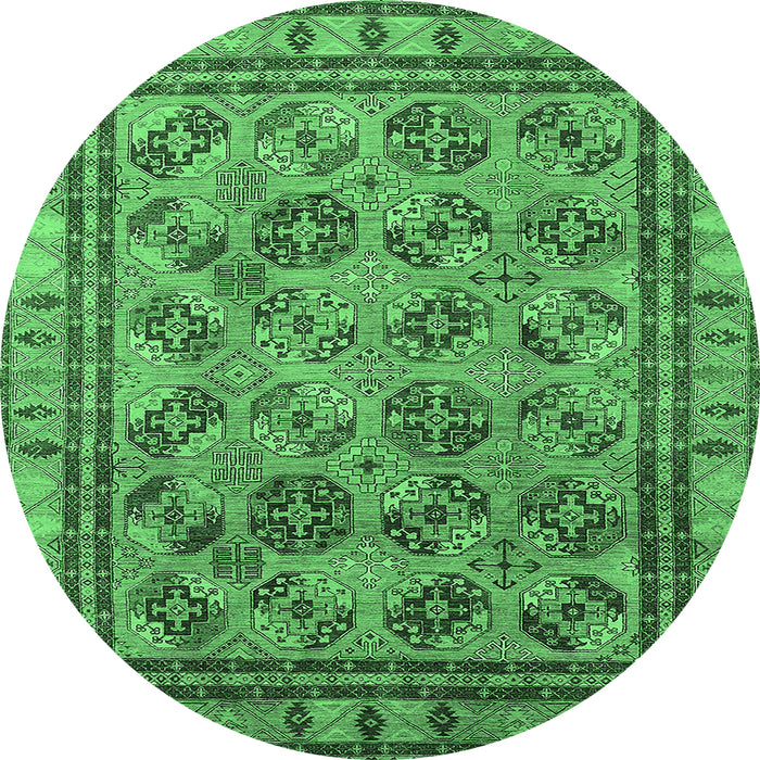 Round Machine Washable Oriental Emerald Green Traditional Area Rugs, wshurb1352emgrn