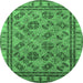 Round Machine Washable Oriental Emerald Green Traditional Area Rugs, wshurb1352emgrn