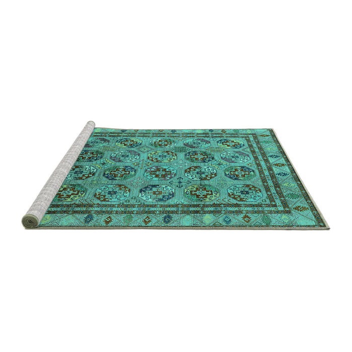Sideview of Machine Washable Oriental Turquoise Traditional Area Rugs, wshurb1352turq