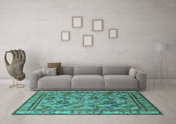 Machine Washable Oriental Turquoise Traditional Area Rugs in a Living Room,, wshurb1352turq