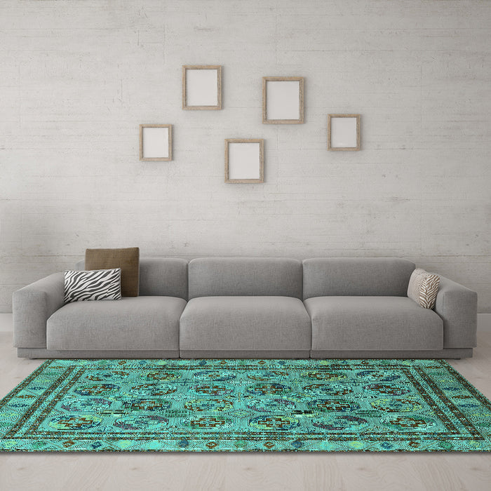 Machine Washable Oriental Turquoise Traditional Area Rugs in a Living Room,, wshurb1352turq