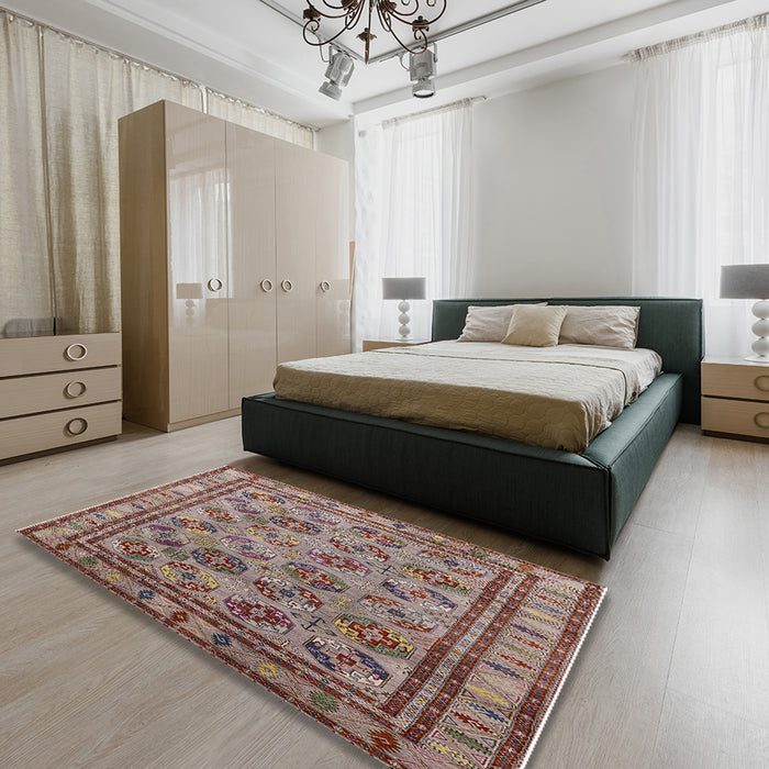 Mid-Century Modern Chestnut Brown Oriental Rug in a Bedroom, urb1352