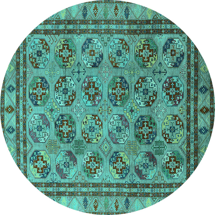 Round Machine Washable Oriental Turquoise Traditional Area Rugs, wshurb1352turq