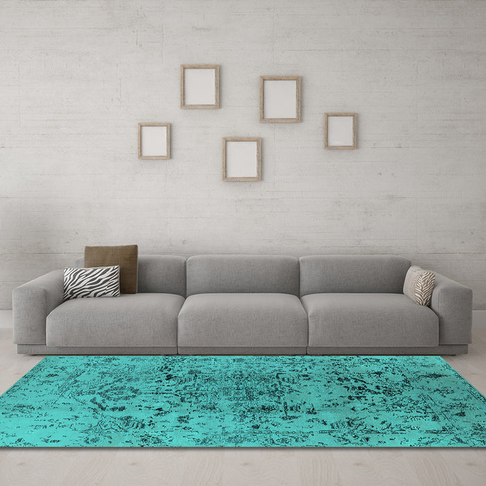 Machine Washable Oriental Turquoise Industrial Area Rugs in a Living Room,, wshurb1353turq