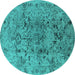 Round Machine Washable Oriental Turquoise Industrial Area Rugs, wshurb1353turq
