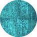 Round Machine Washable Oriental Turquoise Industrial Area Rugs, wshurb1354turq