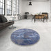 Round Machine Washable Industrial Modern Azure Blue Rug in a Office, wshurb1354