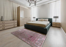 Mid-Century Modern Rosy Brown Pink Oriental Rug in a Bedroom, urb1356