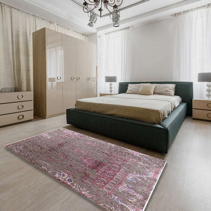Mid-Century Modern Rosy Brown Pink Oriental Rug in a Bedroom, urb1356
