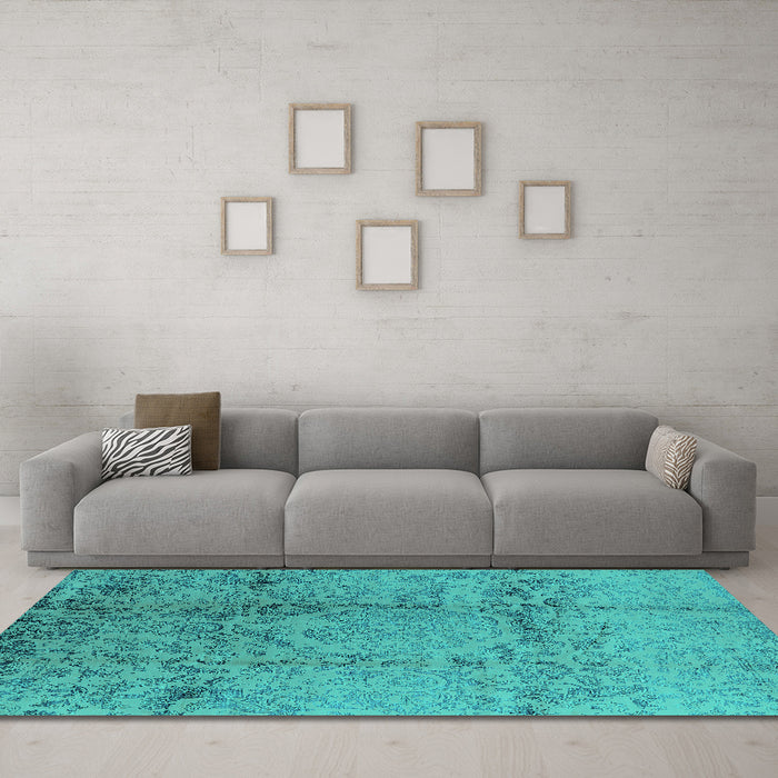 Machine Washable Oriental Turquoise Industrial Area Rugs in a Living Room,, wshurb1357turq
