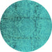 Round Machine Washable Oriental Turquoise Industrial Area Rugs, wshurb1357turq