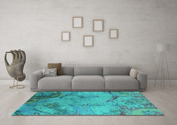 Machine Washable Oriental Turquoise Industrial Area Rugs in a Living Room,, wshurb1358turq