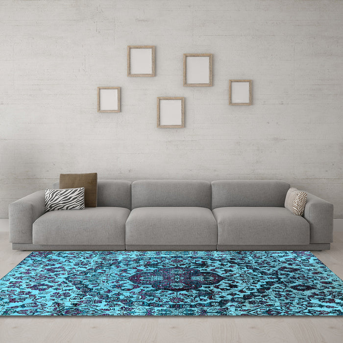 Machine Washable Oriental Light Blue Industrial Rug in a Living Room, wshurb1359lblu