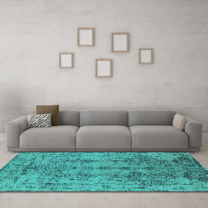 Machine Washable Oriental Turquoise Industrial Area Rugs in a Living Room,, wshurb1362turq