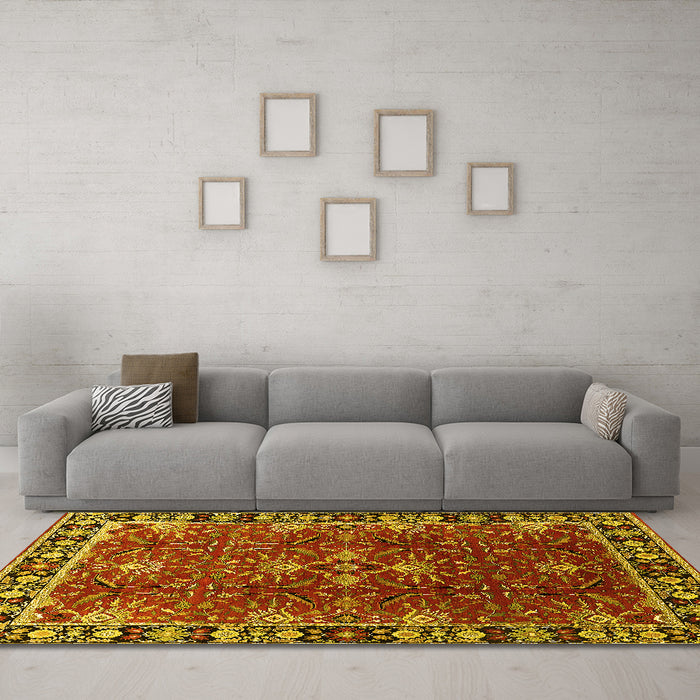 Machine Washable Oriental Yellow Traditional Rug in a Living Room, wshurb1363yw