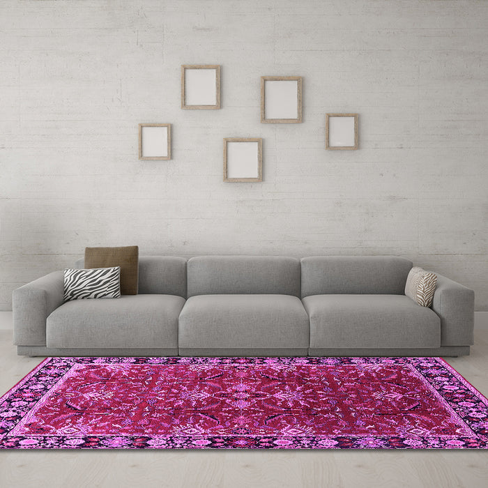 Machine Washable Oriental Pink Traditional Rug in a Living Room, wshurb1363pnk