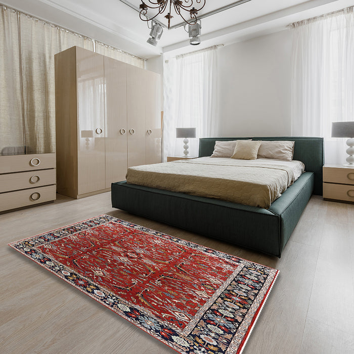 Mid-Century Modern Red Oriental Rug in a Bedroom, urb1363