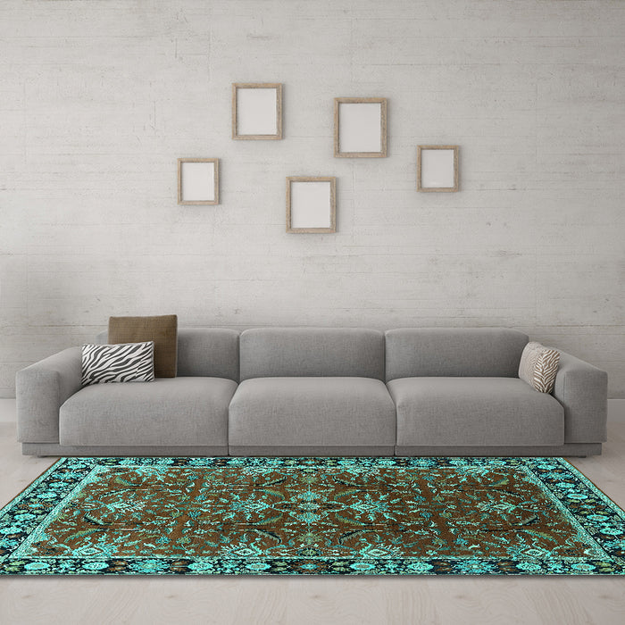 Machine Washable Oriental Turquoise Traditional Area Rugs in a Living Room,, wshurb1363turq