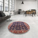 Round Mid-Century Modern Khaki Rose Pink Oriental Rug in a Office, urb1364