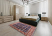 Mid-Century Modern Khaki Rose Pink Oriental Rug in a Bedroom, urb1364