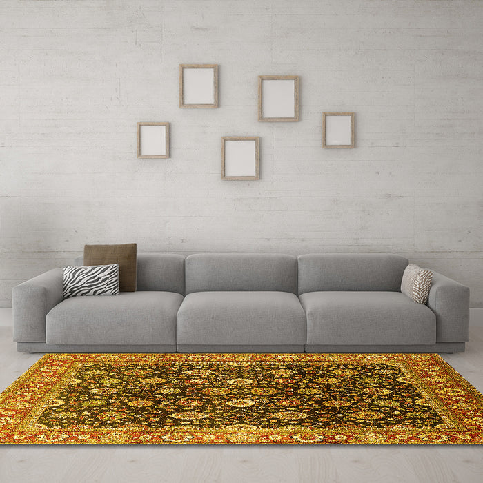 Machine Washable Oriental Yellow Industrial Rug in a Living Room, wshurb1364yw