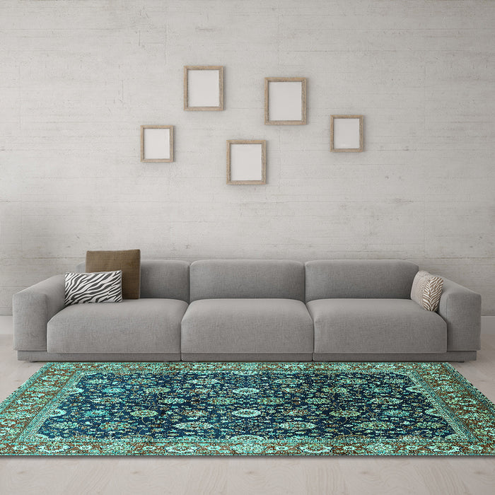 Machine Washable Oriental Turquoise Industrial Area Rugs in a Living Room,, wshurb1364turq