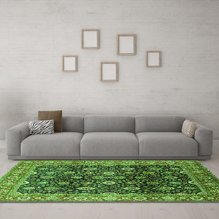 Machine Washable Oriental Green Industrial Area Rugs in a Living Room,, wshurb1364grn