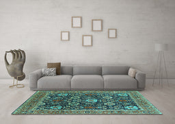 Machine Washable Oriental Turquoise Industrial Area Rugs in a Living Room,, wshurb1365turq