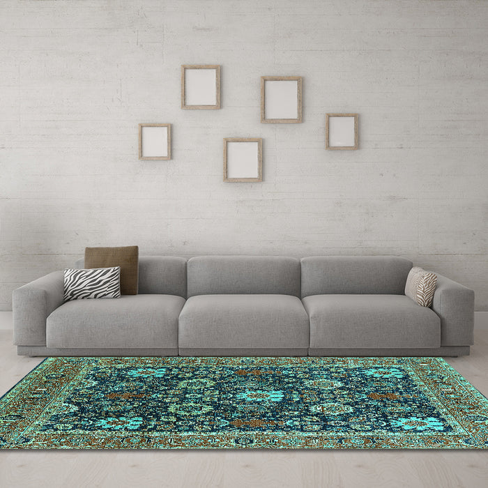 Machine Washable Oriental Turquoise Industrial Area Rugs in a Living Room,, wshurb1365turq