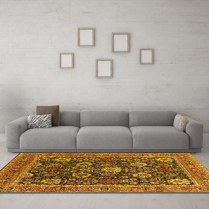 Machine Washable Oriental Yellow Industrial Rug in a Living Room, wshurb1365yw