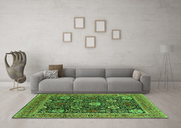 Machine Washable Oriental Green Industrial Area Rugs in a Living Room,, wshurb1365grn
