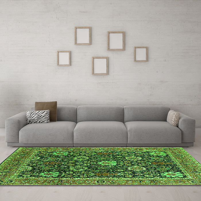 Machine Washable Oriental Green Industrial Area Rugs in a Living Room,, wshurb1365grn