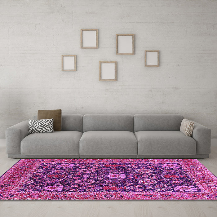 Machine Washable Oriental Pink Industrial Rug in a Living Room, wshurb1365pnk