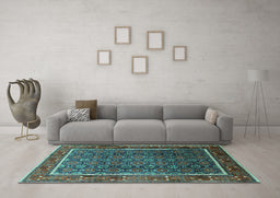 Machine Washable Oriental Turquoise Industrial Area Rugs in a Living Room,, wshurb1366turq
