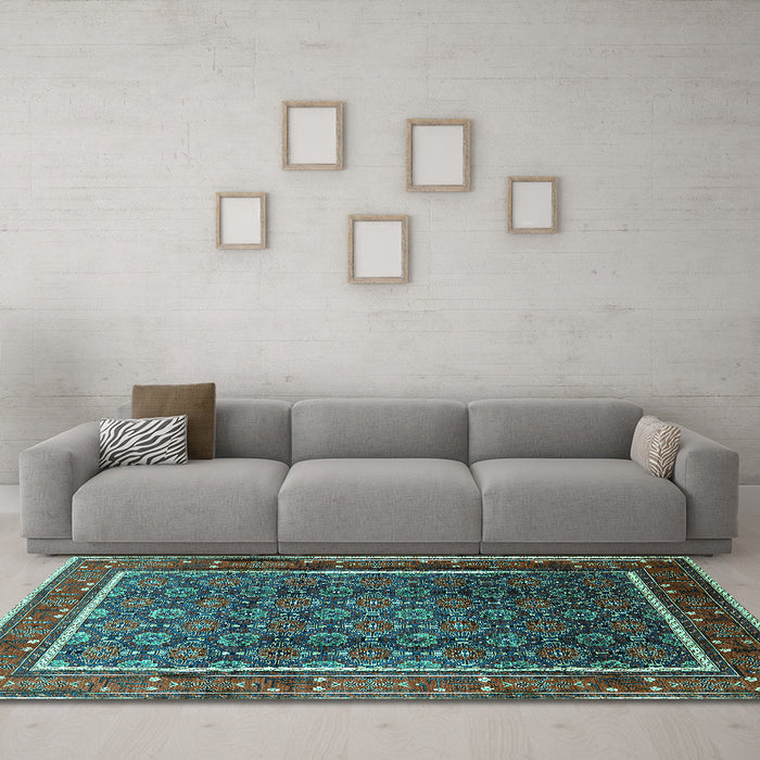 Machine Washable Oriental Turquoise Industrial Area Rugs in a Living Room,, wshurb1366turq