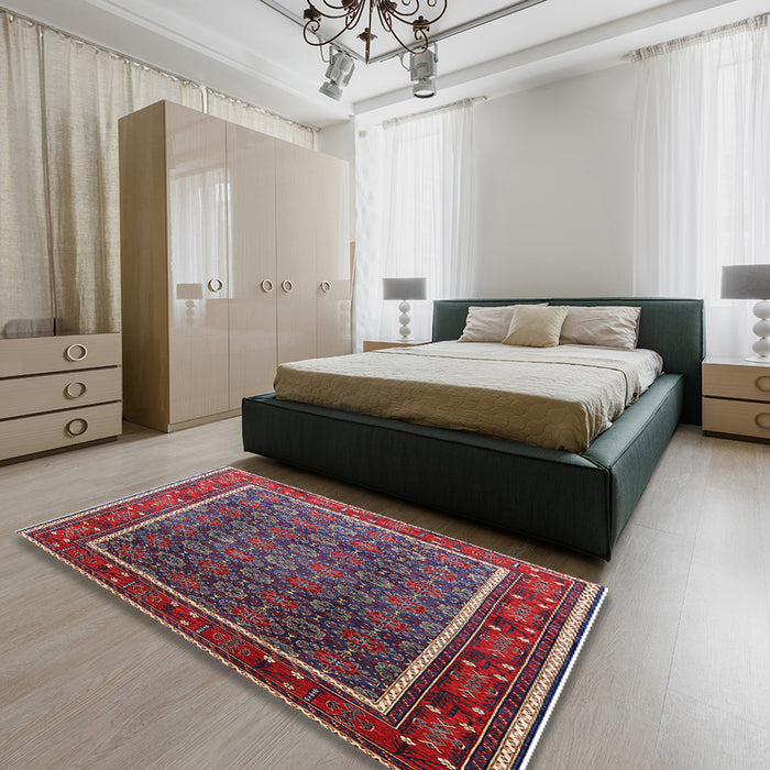Mid-Century Modern Gray Oriental Rug in a Bedroom, urb1366