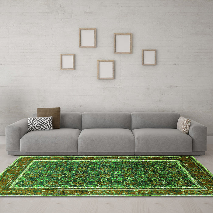 Machine Washable Oriental Green Industrial Area Rugs in a Living Room,, wshurb1366grn