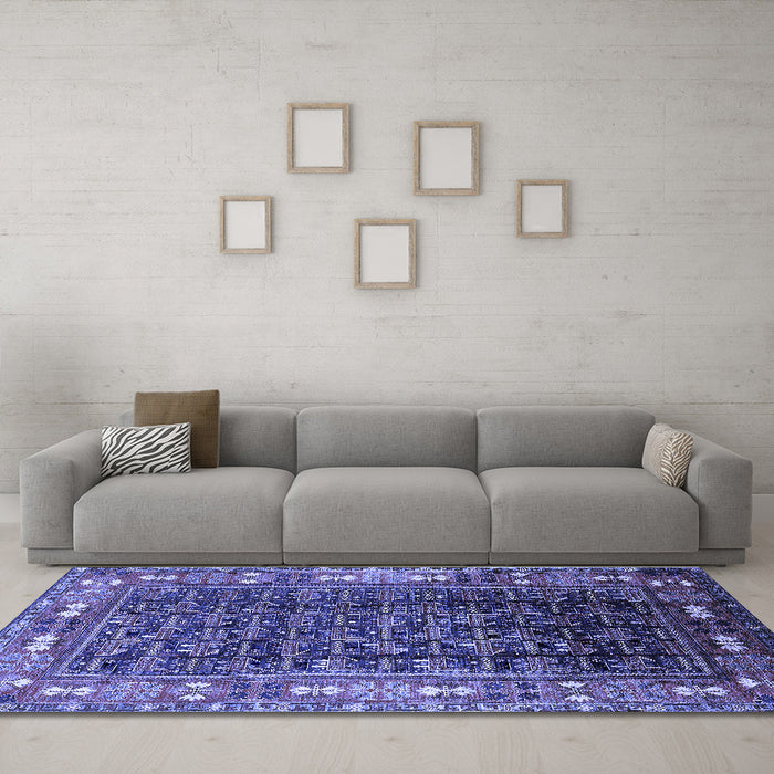Machine Washable Oriental Blue Industrial Rug in a Living Room, wshurb1367blu