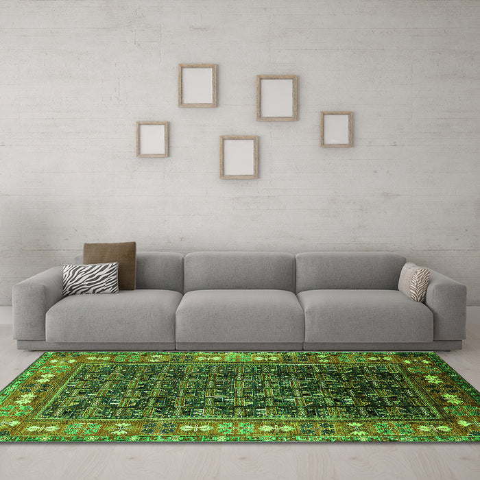 Machine Washable Oriental Green Industrial Area Rugs in a Living Room,, wshurb1367grn